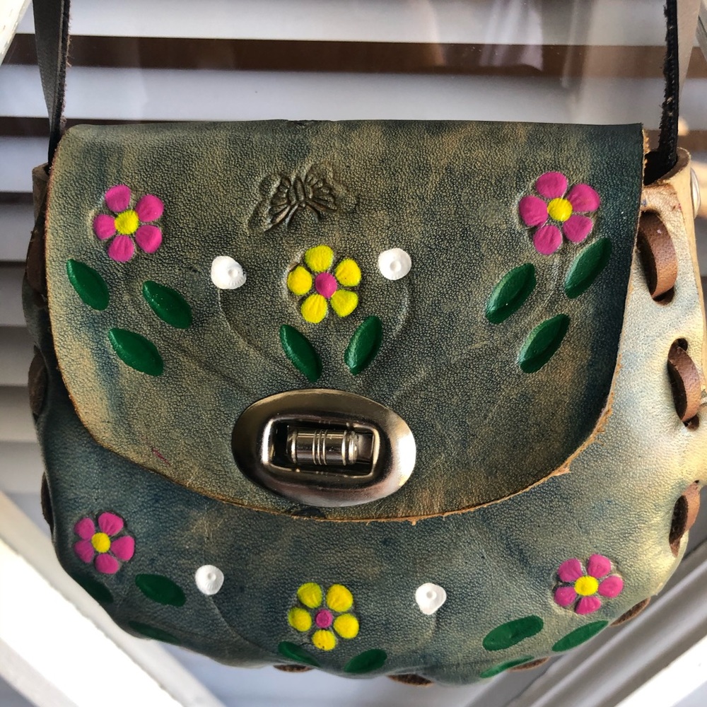 Hand stitched/painted/tooled leather vintage purse